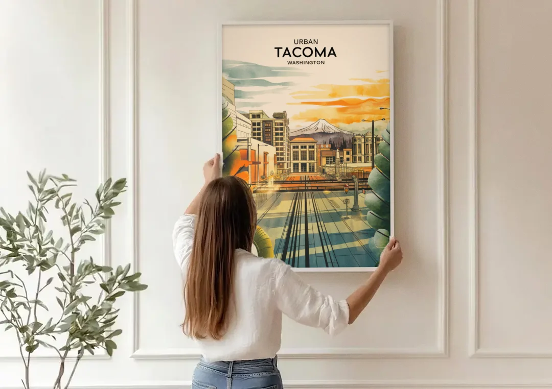 Tacoma Urban Streetscape canvas wall art being hung on a paneled wall