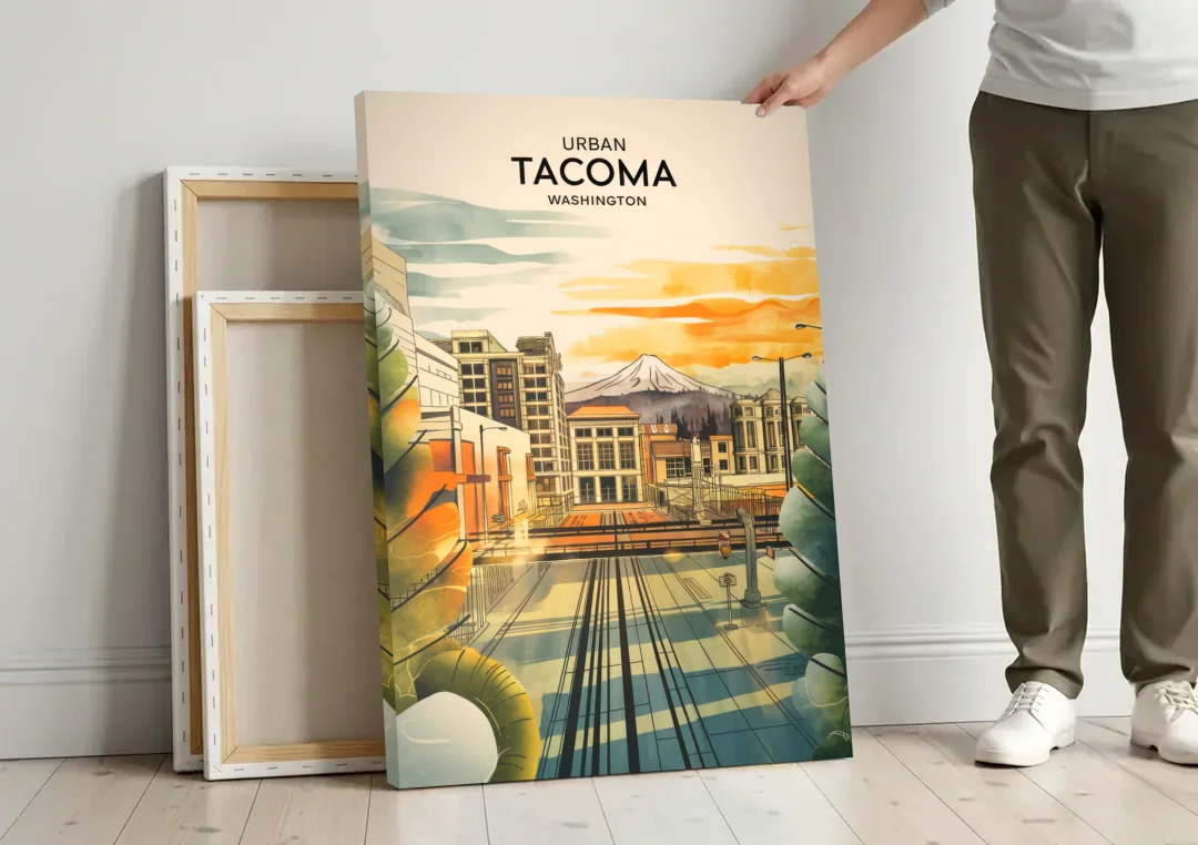 Tacoma Urban Streetscape canvas wall art leaning against a wall next to blank canvases
