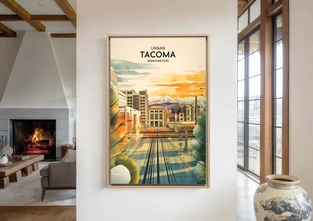 Tacoma Urban Streetscape canvas wall art in a living room with a fireplace