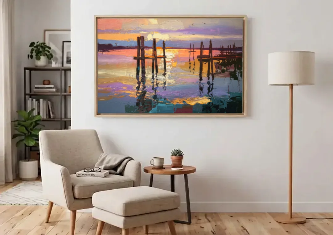 Tacoma Waterfront Sunset canvas wall art above an armchair in a bright living room