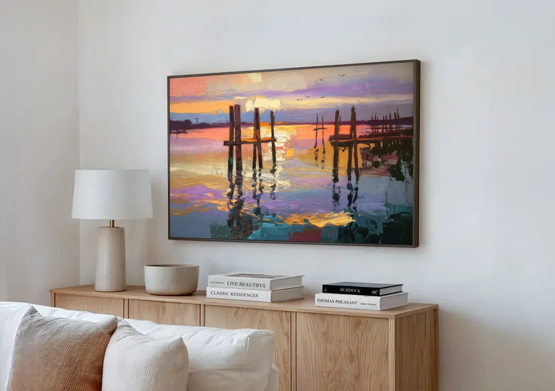 Tacoma Waterfront Sunset canvas wall art above a wooden sideboard next to a sofa