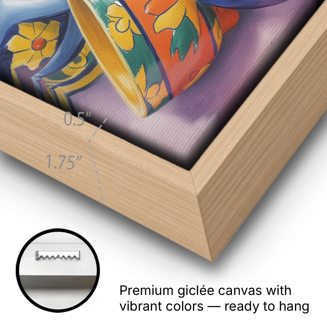 Talavera Pottery Colors - Oak Framed Canvas Wall Art - Gallery Wrap Corner