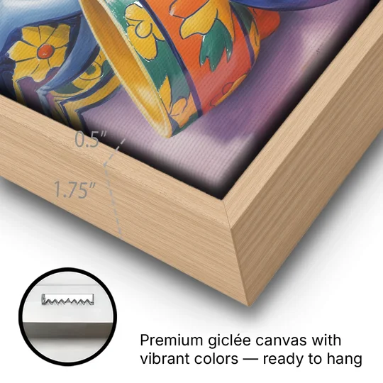 Talavera Pottery Colors - Oak Framed Canvas Wall Art - Gallery Wrap Corner