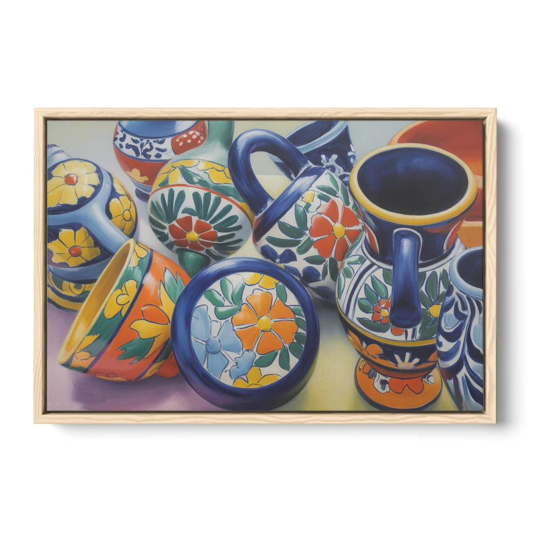 Talavera Pottery Colors - Oak Framed Canvas Wall Art - Front