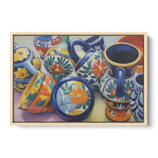 Talavera Pottery Colors - Oak Framed Canvas Wall Art - Front