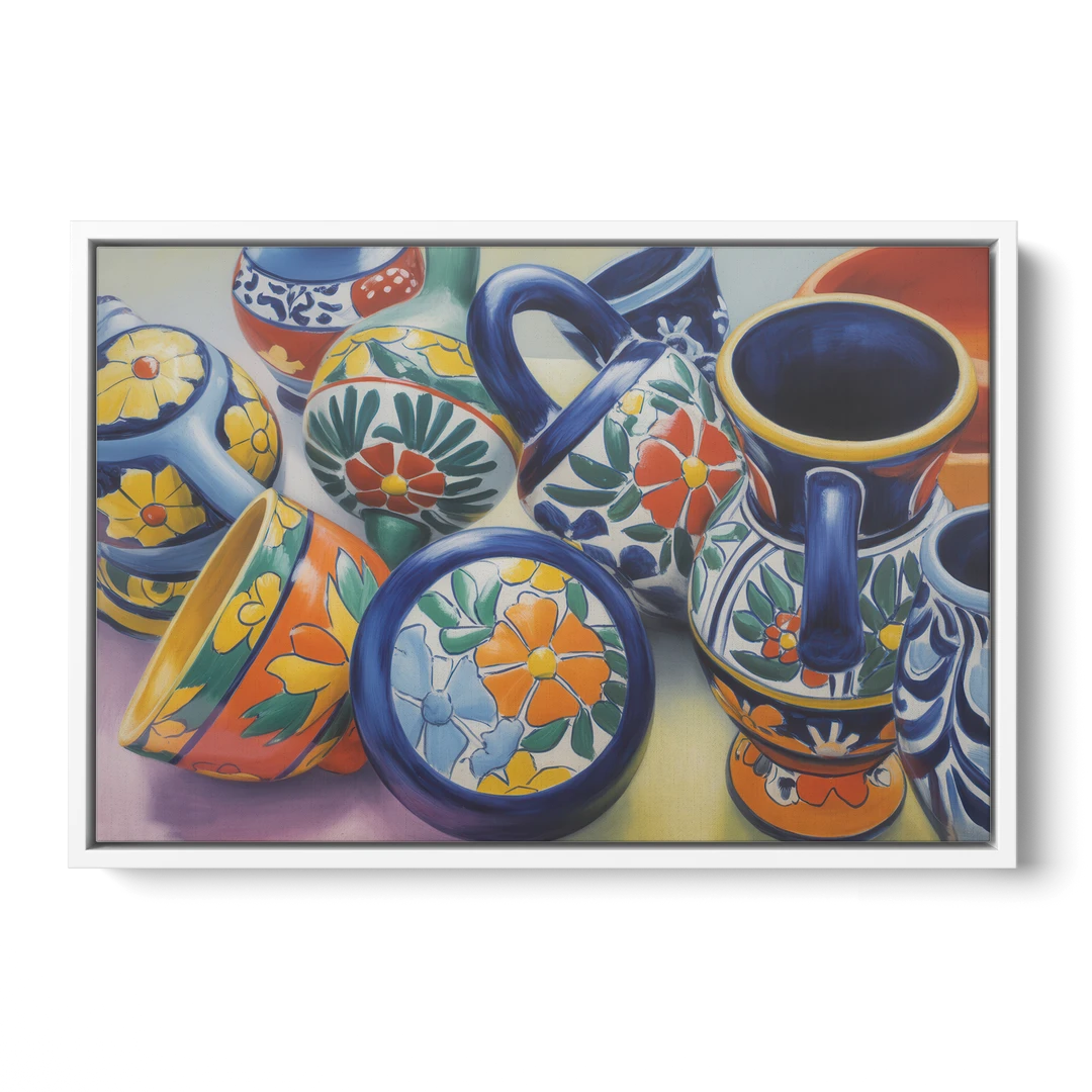 Talavera Pottery Colors - White Framed Canvas Wall Art - Front