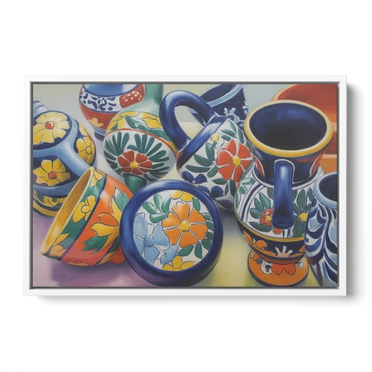 Talavera Pottery Colors - White Framed Canvas Wall Art - Front