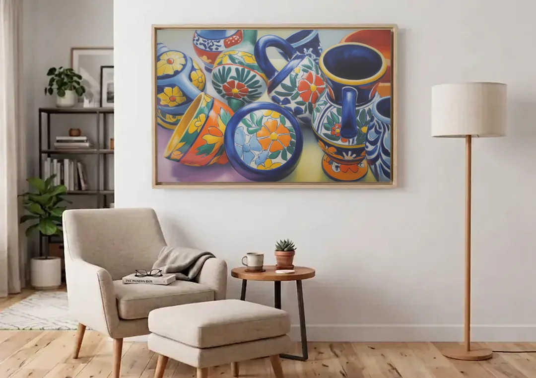 Talavera Pottery Colors canvas wall art above an armchair in a bright living room