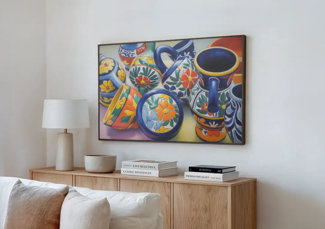 Talavera Pottery Colors canvas wall art above a wooden sideboard next to a sofa