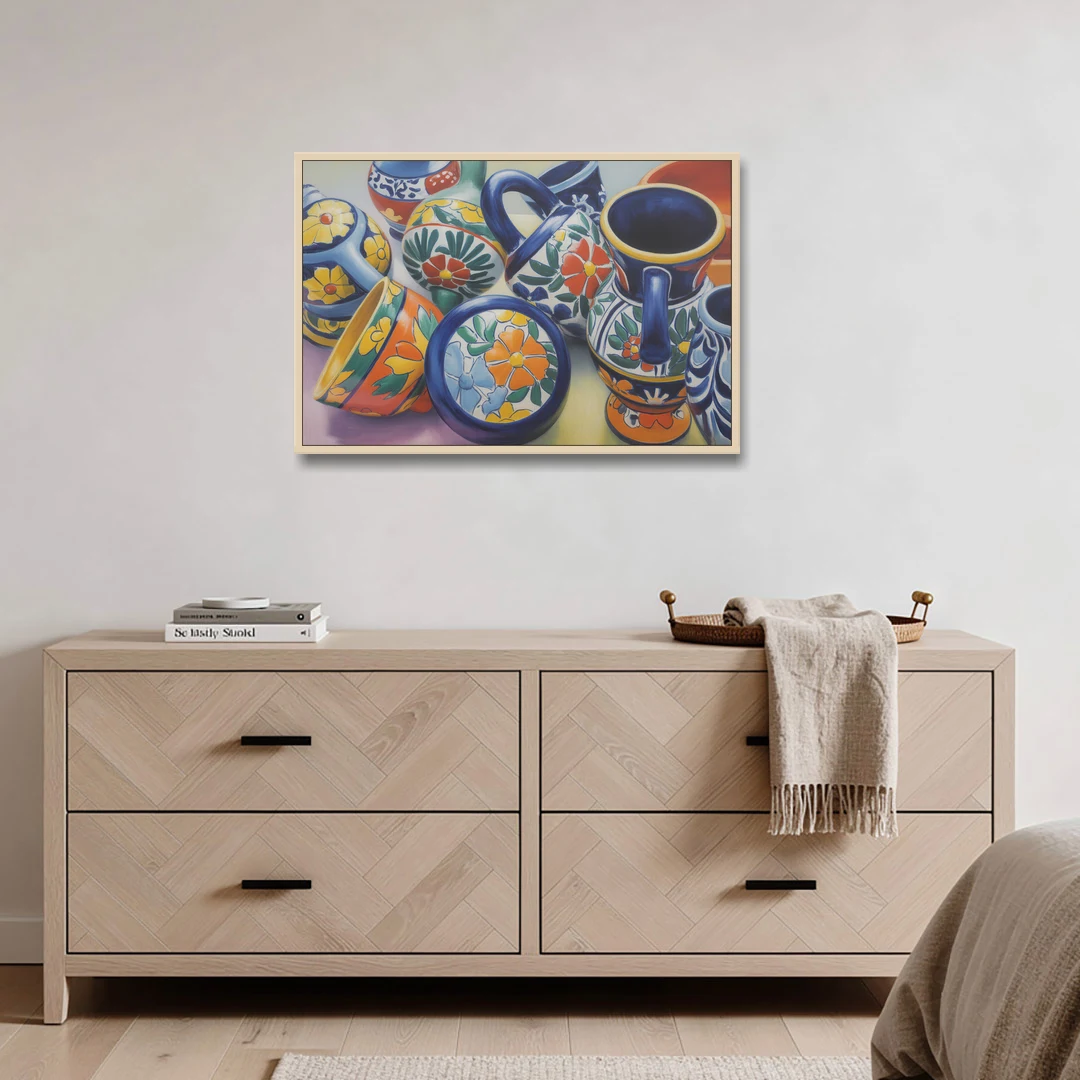 Talavera Pottery Colors - Oak Framed Canvas Wall Art - Coffee Table - 36x24