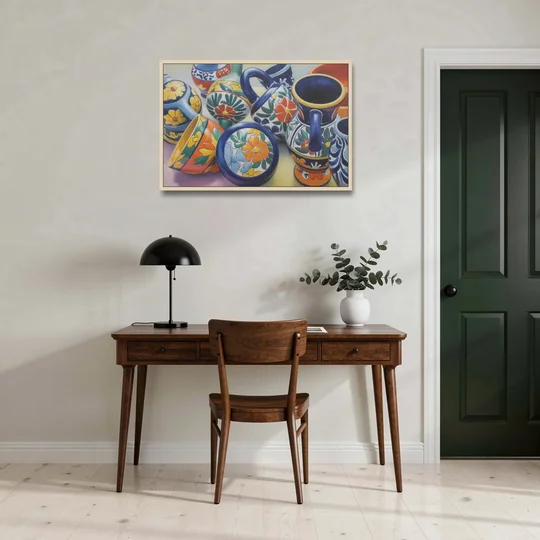 Talavera Pottery Colors - Oak Framed Canvas Wall Art - Office - 36x24