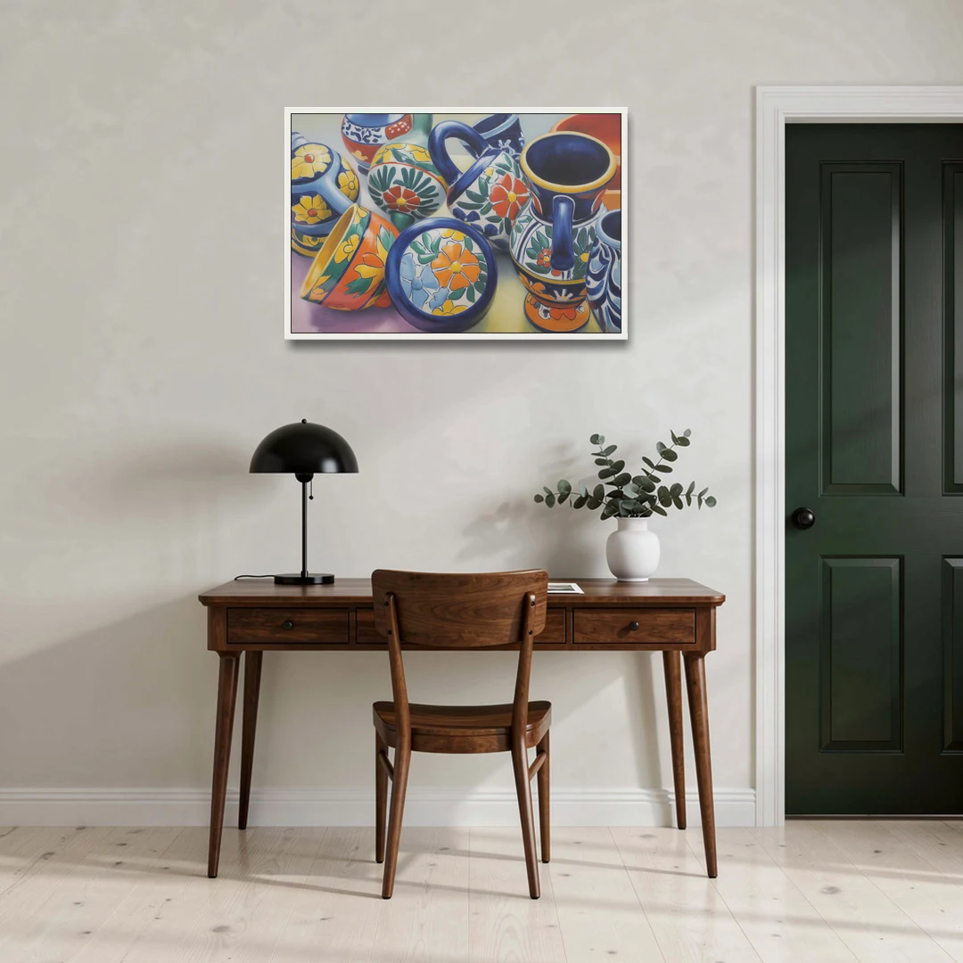 Talavera Pottery Colors - White Framed Canvas Wall Art - Office - 36x24