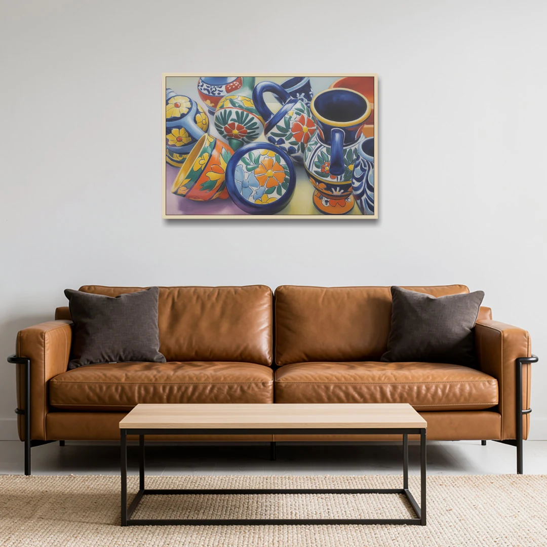 Talavera Pottery Colors - Oak Framed Canvas Wall Art - Sofa - 36x24