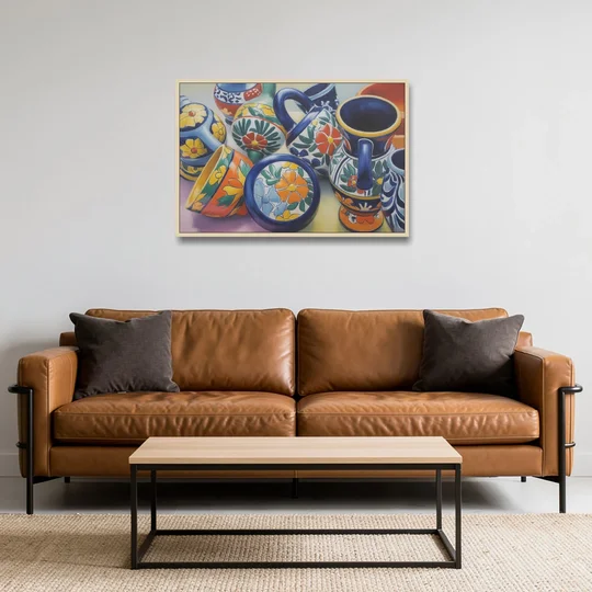 Talavera Pottery Colors - Oak Framed Canvas Wall Art - Sofa - 36x24
