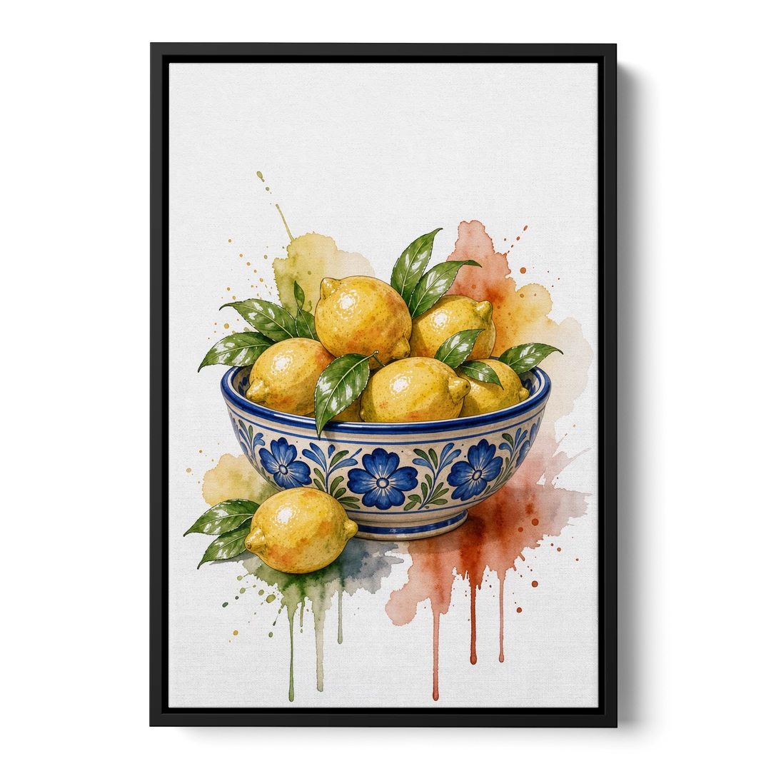 Talavera Prints Lemon Bowl with Cobalt Flowers - Black Framed Canvas Wall Art - Front