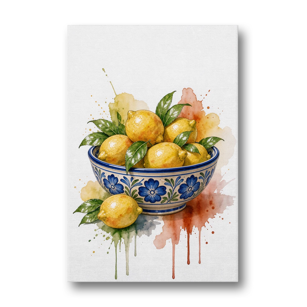 Talavera Prints Lemon Bowl with Cobalt Flowers - Canvas Wall Art - Front