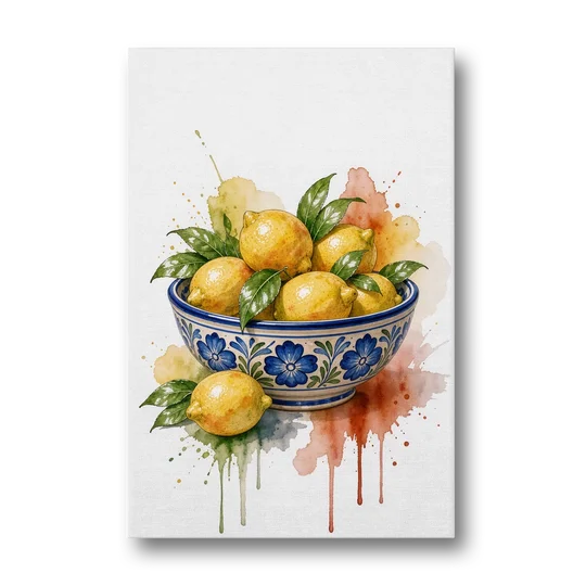 Talavera Prints Lemon Bowl with Cobalt Flowers - Canvas Wall Art - Front