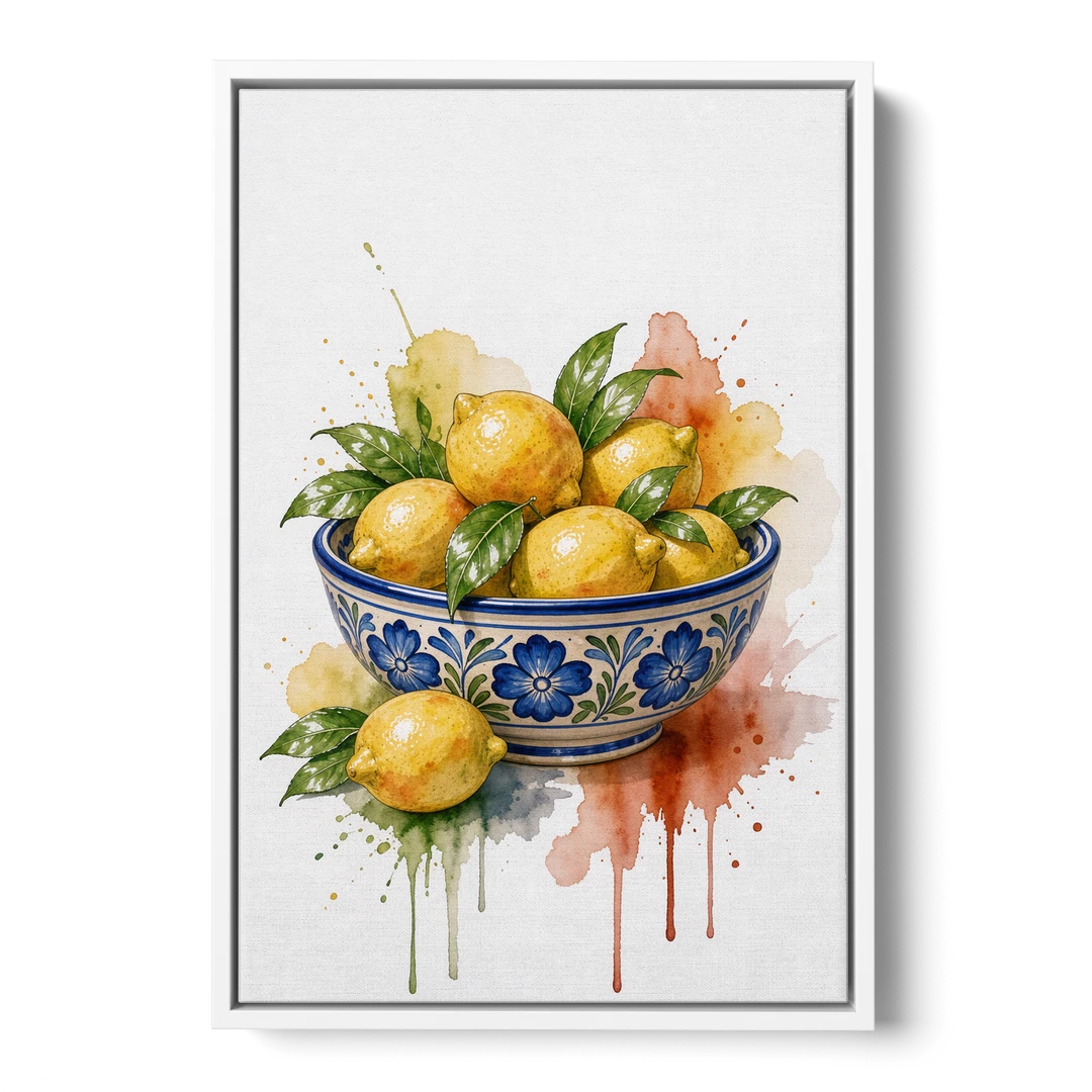 Talavera Prints Lemon Bowl with Cobalt Flowers - White Framed Canvas Wall Art - Front