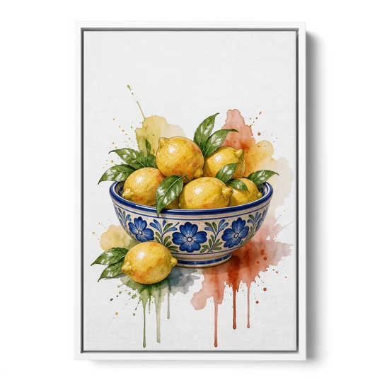 Talavera Prints Lemon Bowl with Cobalt Flowers - White Framed Canvas Wall Art - Front