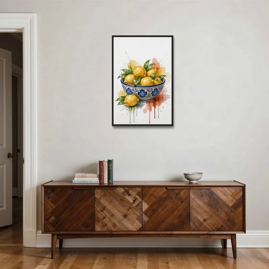 Talavera Prints Lemon Bowl with Cobalt Flowers - Black Framed Canvas Wall Art - Coffee Table - 24x36