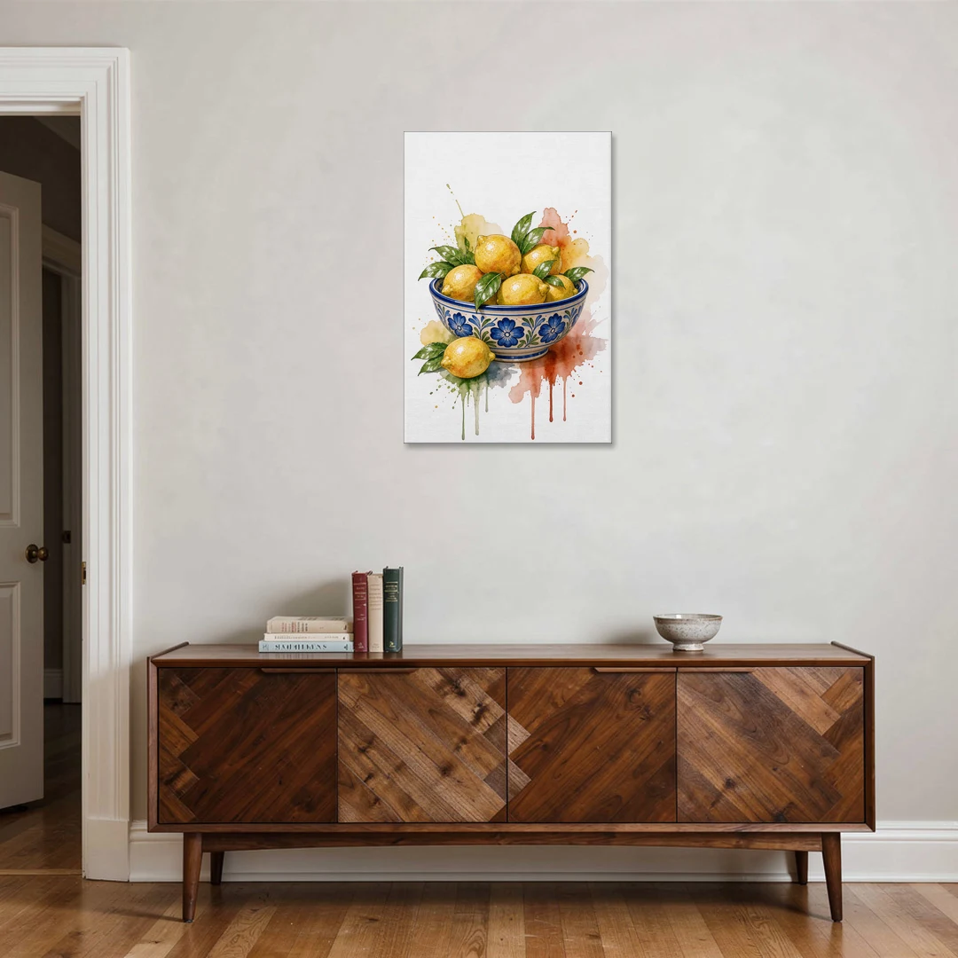 Talavera Prints Lemon Bowl with Cobalt Flowers - Canvas Wall Art - Coffee Table - 24x36