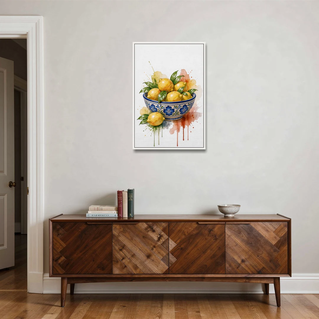 Talavera Prints Lemon Bowl with Cobalt Flowers - White Framed Canvas Wall Art - Coffee Table - 24x36