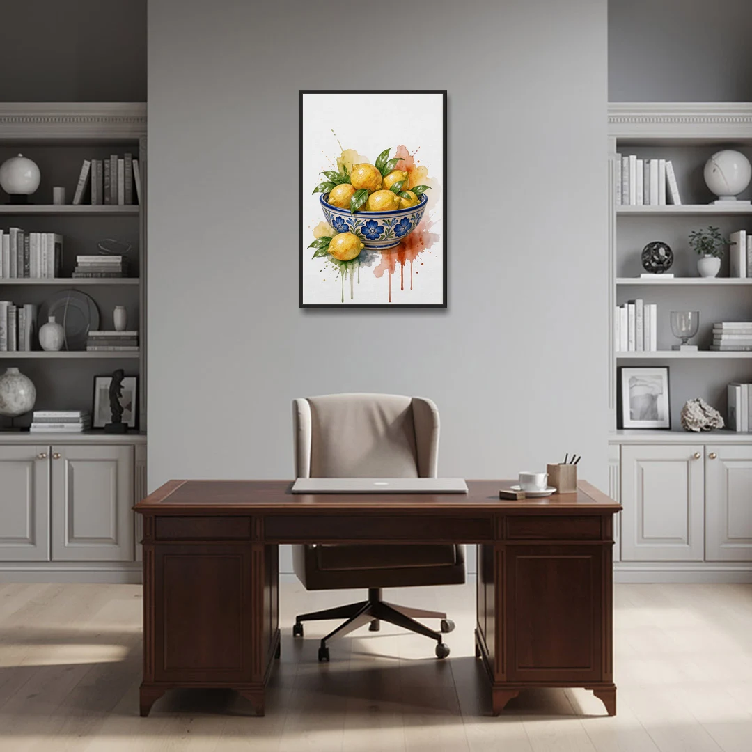 Talavera Prints Lemon Bowl with Cobalt Flowers - Black Framed Canvas Wall Art - Office - 24x36