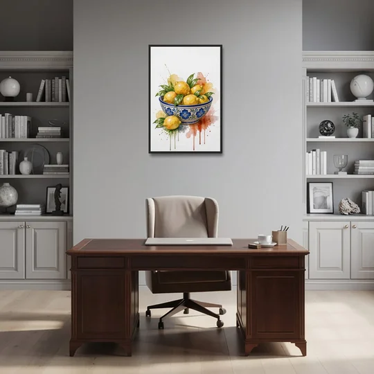 Talavera Prints Lemon Bowl with Cobalt Flowers - Black Framed Canvas Wall Art - Office - 24x36