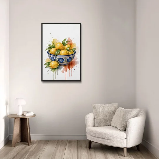 Talavera Prints Lemon Bowl with Cobalt Flowers - Black Framed Canvas Wall Art - Sofa - 24x36