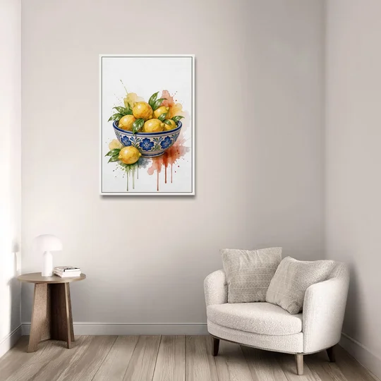 Talavera Prints Lemon Bowl with Cobalt Flowers - White Framed Canvas Wall Art - Sofa - 24x36
