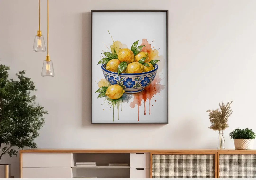 Talavera Prints Lemon Bowl with Cobalt Flowers canvas wall art above a wooden sideboard under pendant lights