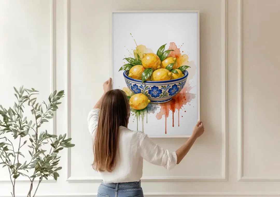 Talavera Prints Lemon Bowl with Cobalt Flowers canvas wall art being hung on a paneled wall