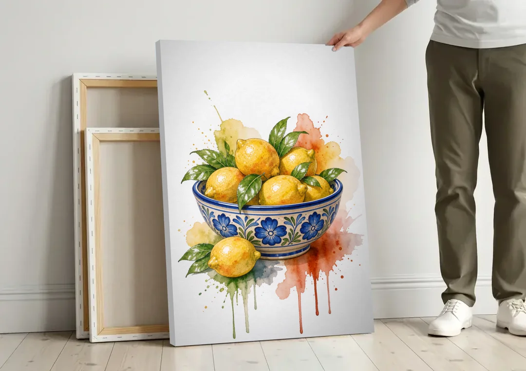Talavera Prints Lemon Bowl with Cobalt Flowers canvas wall art leaning against a wall next to blank canvases