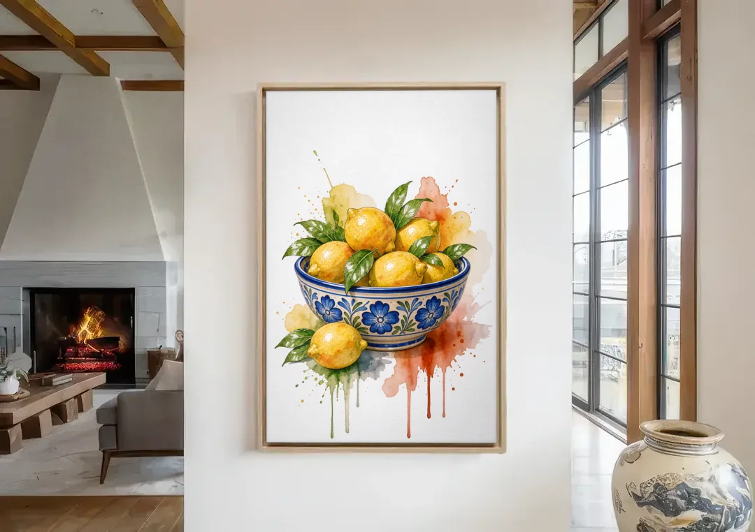 Talavera Prints Lemon Bowl with Cobalt Flowers canvas wall art in a living room with a fireplace