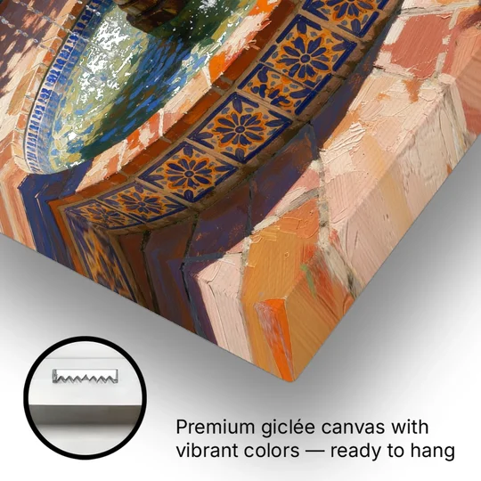 Talavera Tile Fountain in a Sunlit Courtyard - Canvas Wall Art - Gallery Wrap Corner