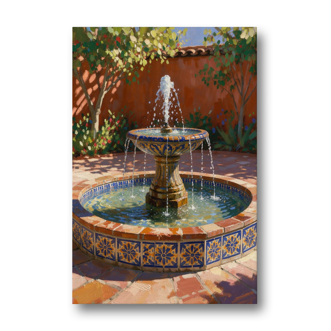 Talavera Tile Fountain in a Sunlit Courtyard - Canvas Wall Art - Front