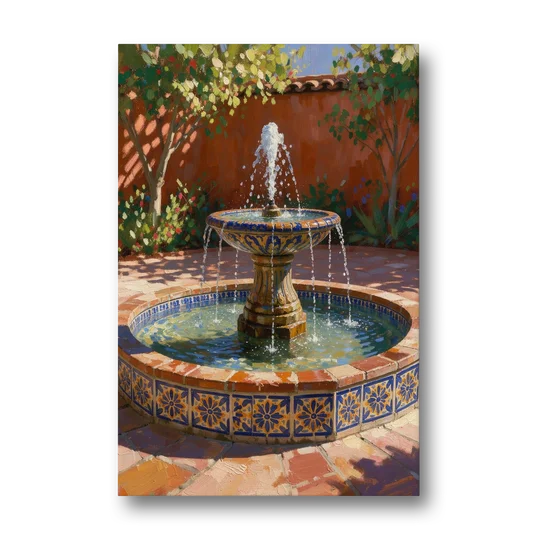 Talavera Tile Fountain in a Sunlit Courtyard - Canvas Wall Art - Front