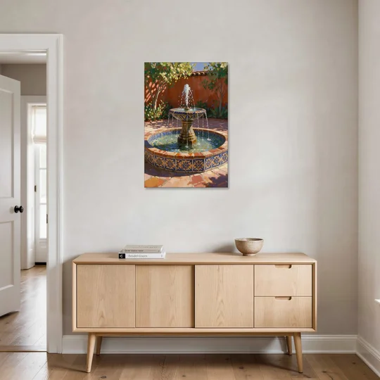 Talavera Tile Fountain in a Sunlit Courtyard - Canvas Wall Art - Coffee Table - 24x36