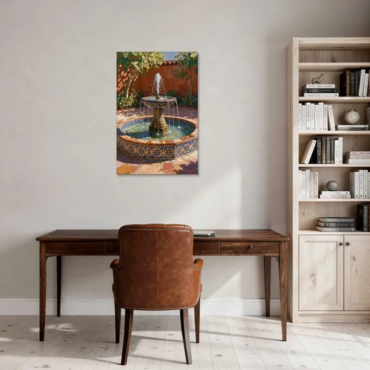 Talavera Tile Fountain in a Sunlit Courtyard - Canvas Wall Art - Office - 24x36