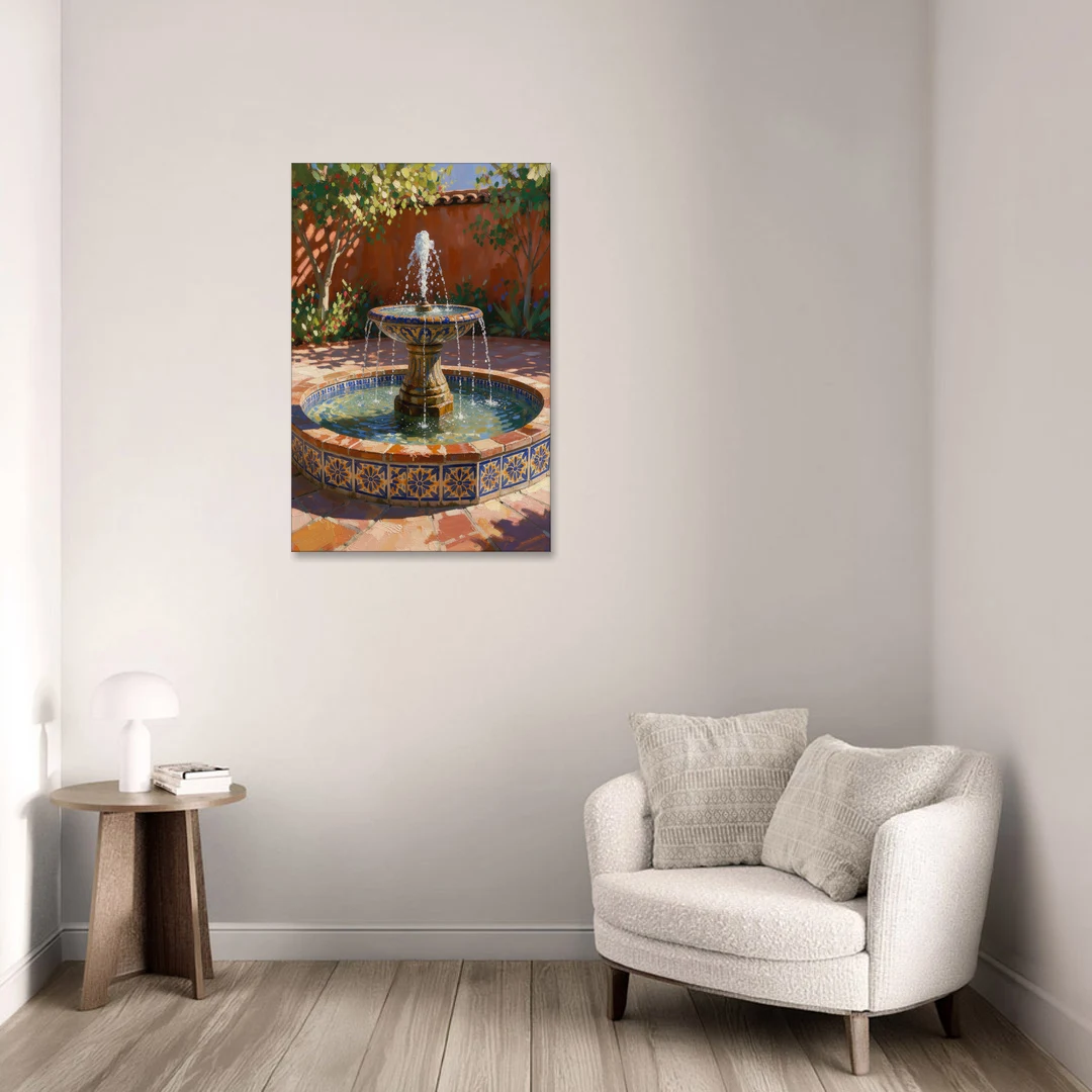 Talavera Tile Fountain in a Sunlit Courtyard - Canvas Wall Art - Sofa - 24x36