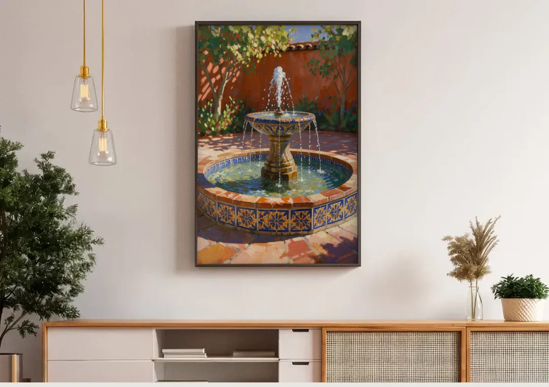 Talavera Tile Fountain in a Sunlit Courtyard canvas wall art above a wooden sideboard under pendant lights