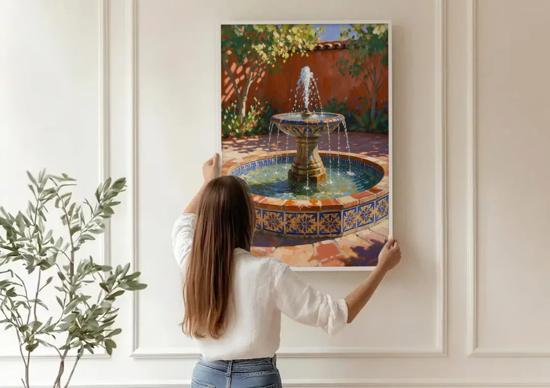 Talavera Tile Fountain in a Sunlit Courtyard canvas wall art being hung on a paneled wall