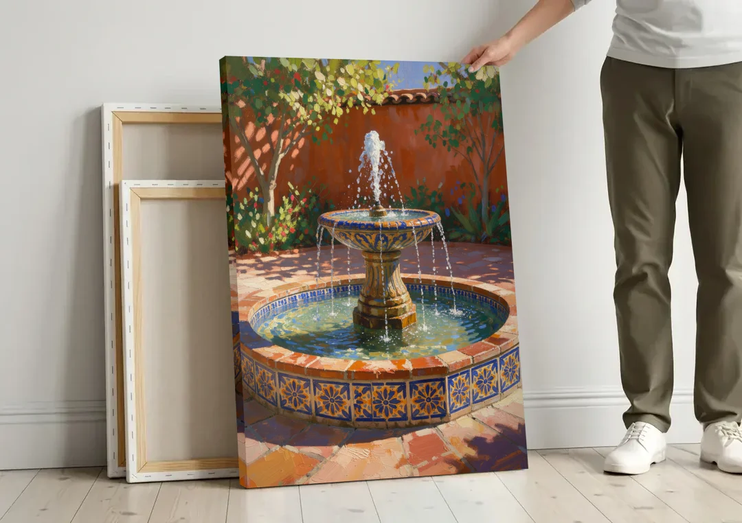 Talavera Tile Fountain in a Sunlit Courtyard canvas wall art leaning against a wall next to blank canvases