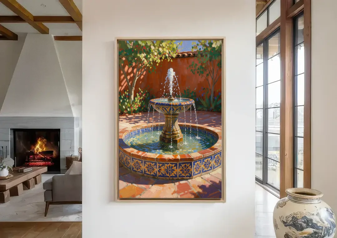 Talavera Tile Fountain in a Sunlit Courtyard canvas wall art in a living room with a fireplace