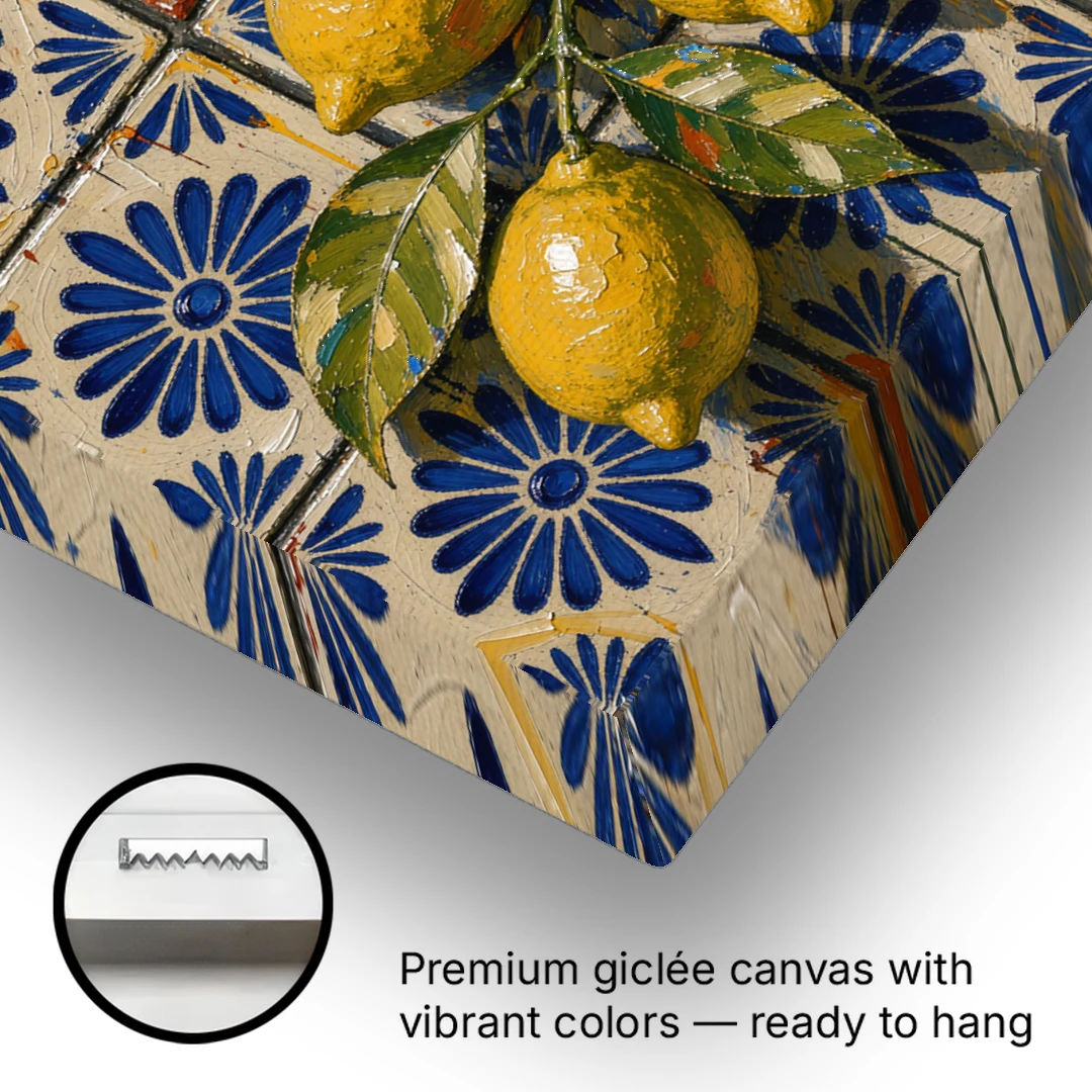 Talavera Wall Art with a Lemon Branch - Canvas Wall Art - Gallery Wrap Corner