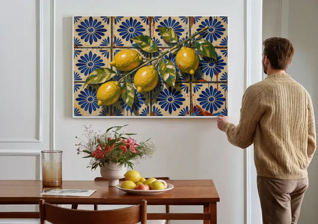 Talavera Wall Art with a Lemon Branch canvas wall art above a dining table