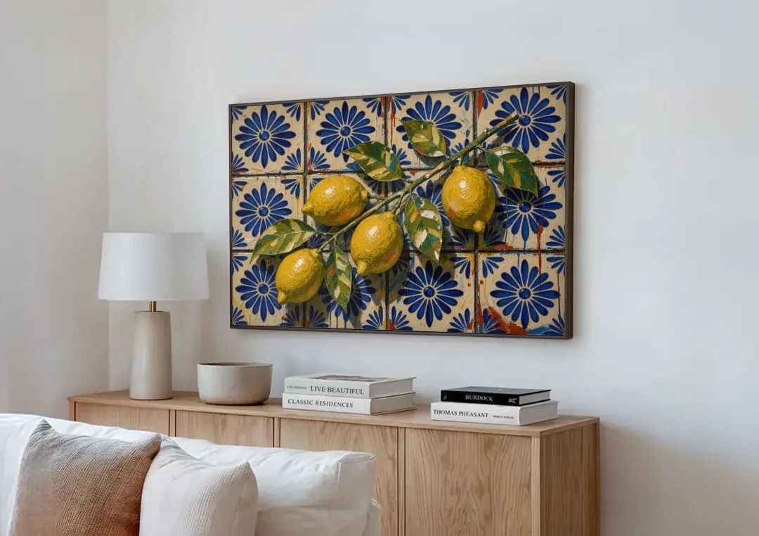 Talavera Wall Art with a Lemon Branch canvas wall art above a wooden sideboard next to a sofa