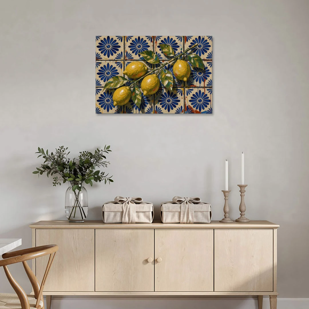 Talavera Wall Art with a Lemon Branch - Canvas Wall Art - Coffee Table - 36x24