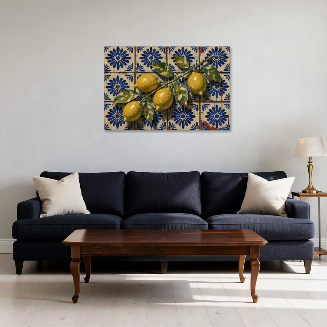 Talavera Wall Art with a Lemon Branch - Canvas Wall Art - Sofa - 36x24