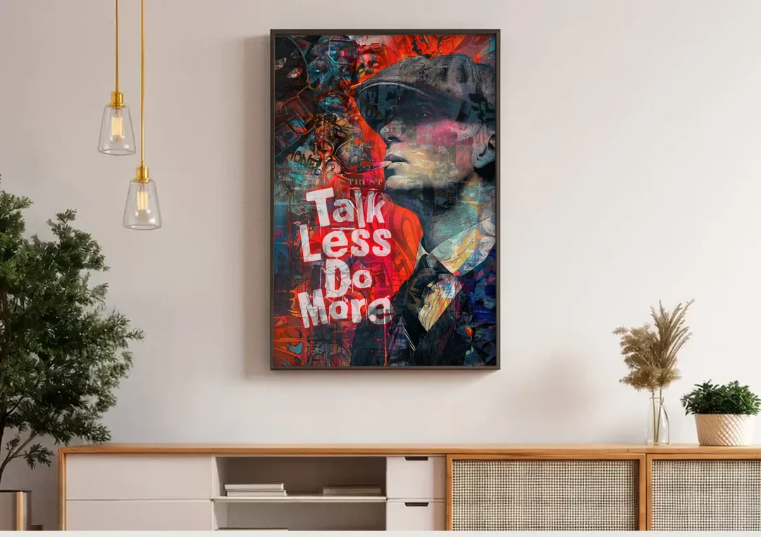 Talk Less Do More canvas wall art above a wooden sideboard under pendant lights